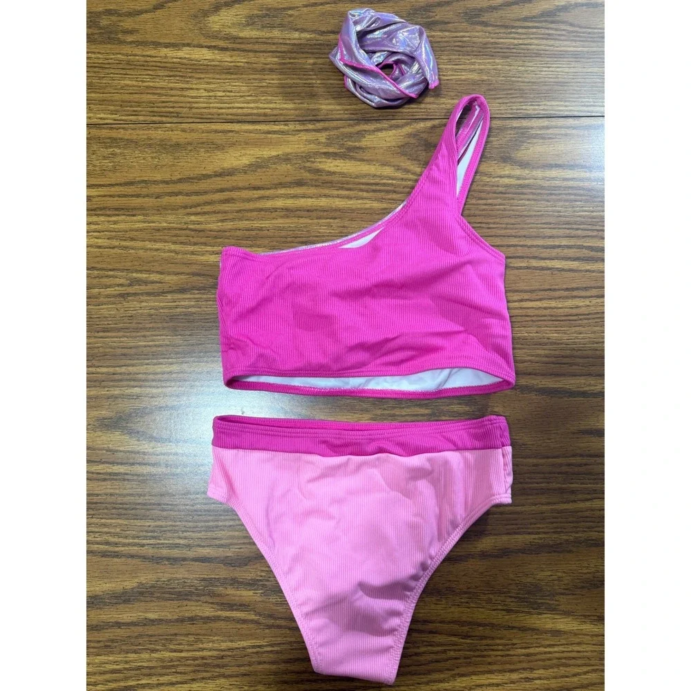 Mirawise‎ Girls Pink Metallic Swimsuit Set w/ Hair Accessory One Shoulder 12-13Y